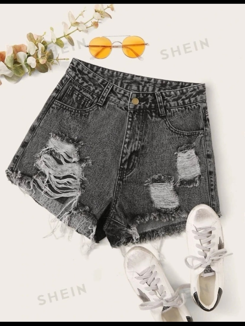 SHEIN Black Ripped High-Waist Denim Shorts